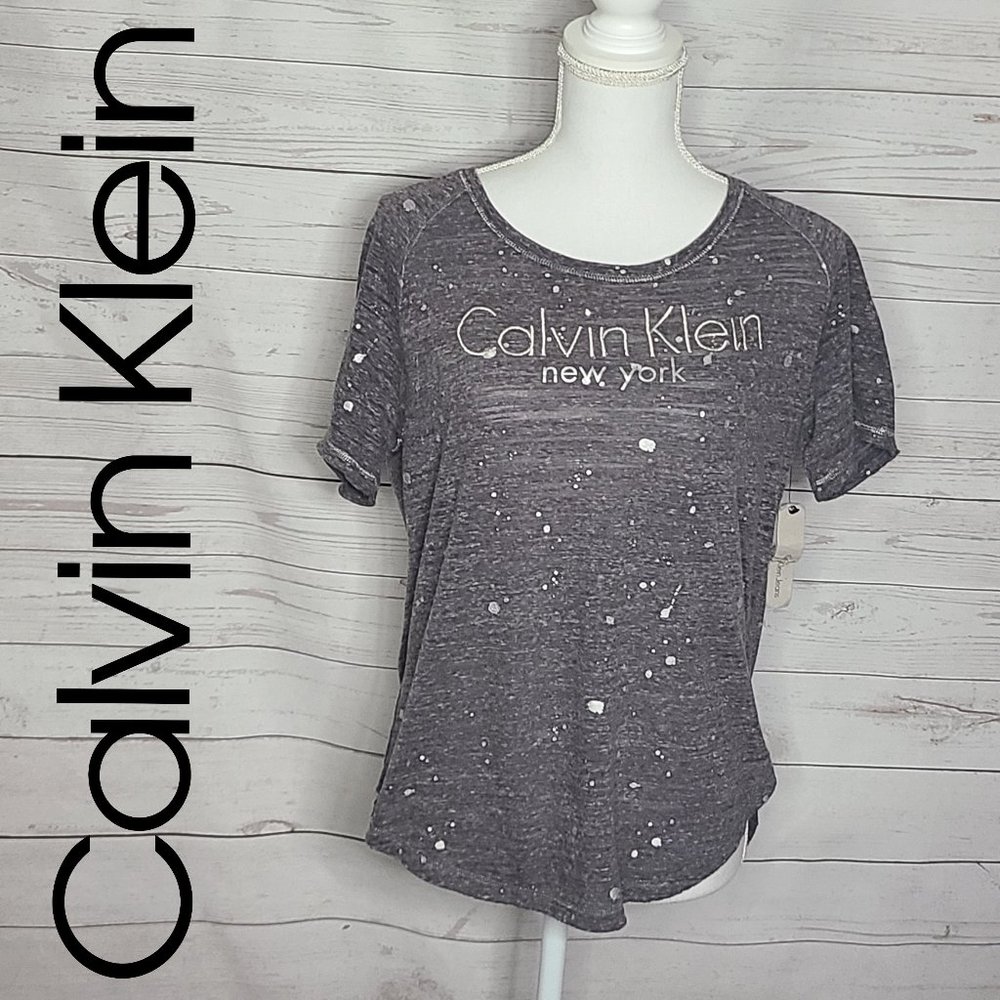 New Calvin Klien Silver on Grey heather Splatter T -Shirt Tee Top